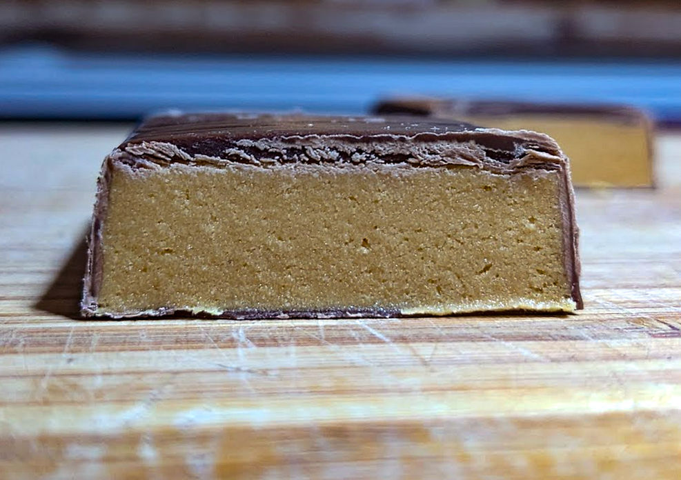 Product image of protein bar texture and chocolate coating