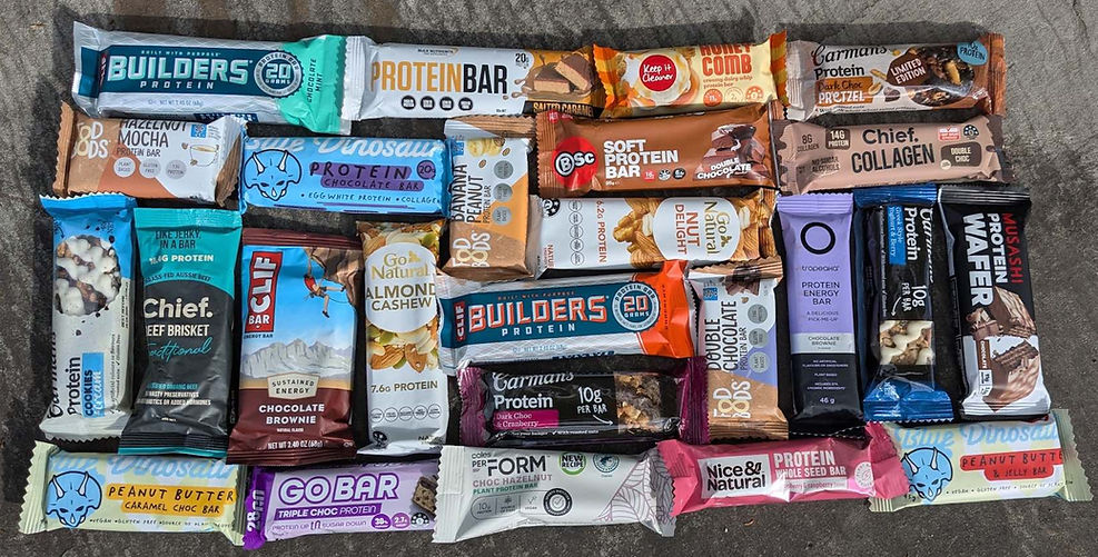 Variety of protein bars on a desk