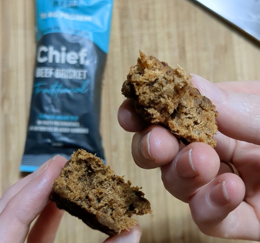 Broken open Chief Nutrition Brisket Bar