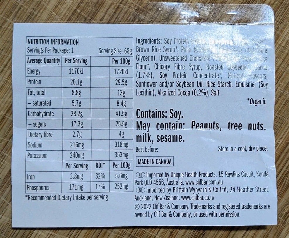 CLIF Builders Bar Nutrition Information Panel